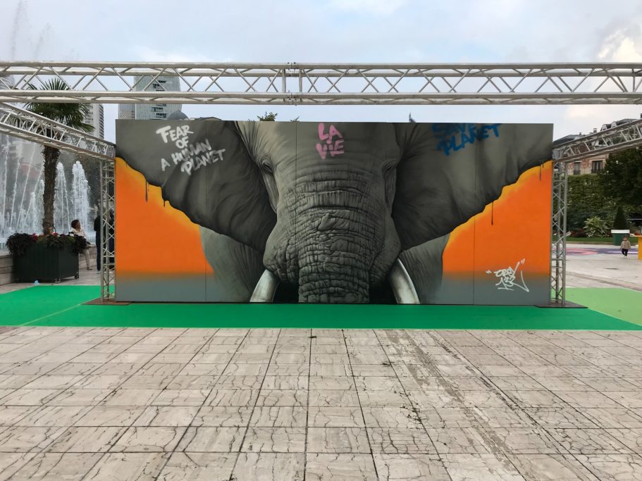 Mural d'éléphant aux grandes oreilles sur fond orange, installé en extérieur.