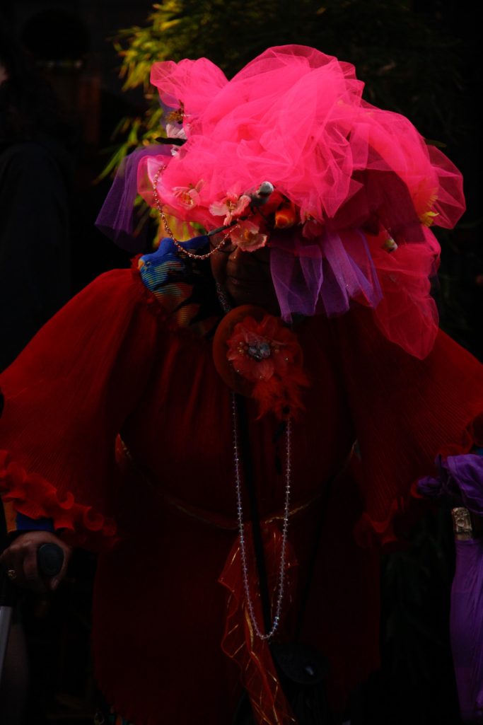Personne en costume coloré avec chapeau orné de tulle rose et accessoires floraux.